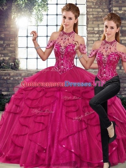 Chic Fuchsia Lace Up Halter Top Beading and Ruffles Sweet 16 Quinceanera Dress Tulle Sleeveless - Click Image to Close