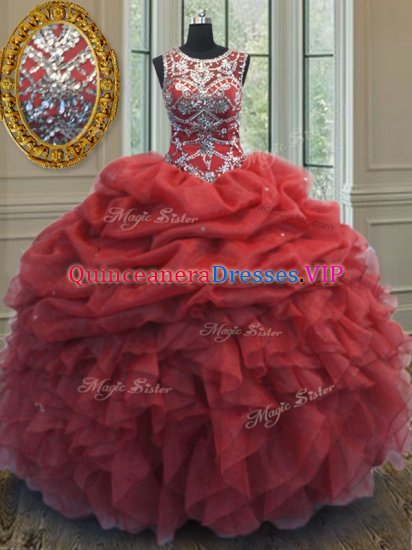 Suitable Coral Red Scoop Lace Up Beading and Ruffles and Pick Ups Sweet 16 Quinceanera Dress Sleeveless - Click Image to Close