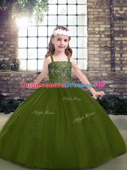 Beautiful Sleeveless Floor Length Beading Lace Up Girls Pageant Dresses with Olive Green - Click Image to Close
