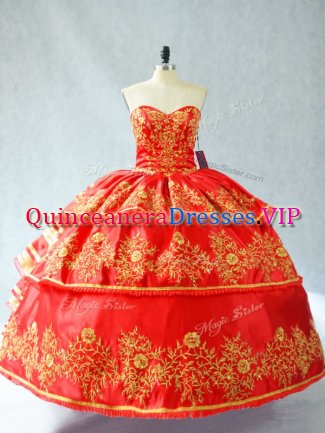 Latest Red Ball Gowns Embroidery and Ruffled Layers Vestidos de Quinceanera Lace Up Satin and Organza Sleeveless Floor Length