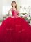 Designer Straps Floor Length Zipper Party Dress for Girls Red for Military Ball and Sweet 16 and Quinceanera with Beading and Ruffles