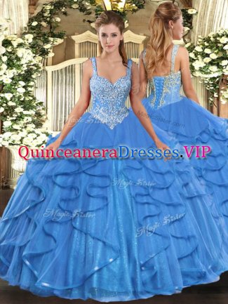 Sophisticated Floor Length Baby Blue Quinceanera Gown Straps Sleeveless Lace Up