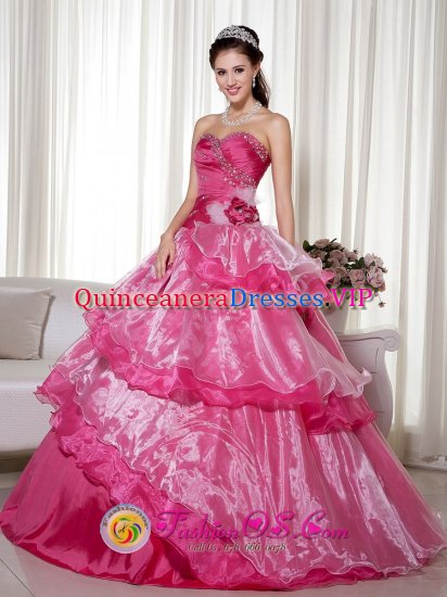 Skei Norway Sweetheart Beading Decorate Hot Pink Taffeta and Organzaand Hand Made Flower Pretty Quinceanera Dress - Click Image to Close