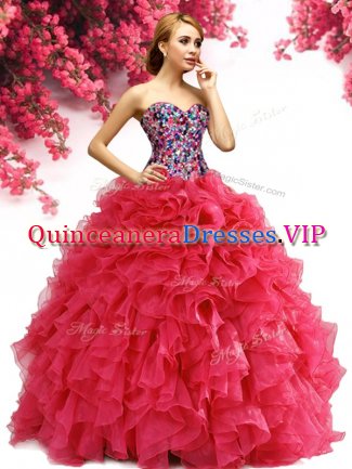 Red Lace Up Sweetheart Beading and Ruffles Quinceanera Dress Organza Sleeveless