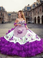 Floor Length Eggplant Purple Sweet 16 Dresses Organza Sleeveless Embroidery and Ruffled Layers