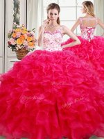 Attractive Straps Hot Pink Lace Up Quinceanera Dress Beading and Ruffles Sleeveless Floor Length