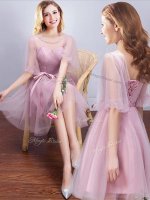 Custom Fit Scoop Pink A-line Ruching and Bowknot Quinceanera Court Dresses Lace Up Tulle Half Sleeves Mini Length