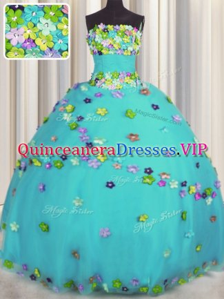 Best Aqua Blue Ball Gowns Strapless Sleeveless Tulle Floor Length Lace Up Hand Made Flower 15 Quinceanera Dress