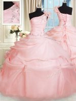 One Shoulder Organza Sleeveless Floor Length 15 Quinceanera Dress and Beading and Hand Made Flower