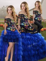 Smart Blue And Black Organza Lace Up Off The Shoulder Sleeveless Floor Length Quinceanera Dresses Embroidery and Ruffled Layers
