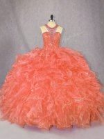 Admirable Orange Organza Zipper Quinceanera Dresses Sleeveless Floor Length Beading and Ruffles