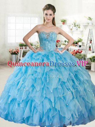 Baby Blue Organza and Tulle Lace Up Sweetheart Sleeveless Floor Length Sweet 16 Quinceanera Dress Beading