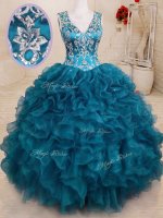 Admirable Teal Backless Ball Gown Prom Dress Beading and Embroidery and Ruffles Sleeveless Floor Length(SKU PSSW0196-2BIZ)