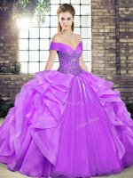 Lavender Ball Gowns Beading and Ruffles Sweet 16 Dresses Lace Up Organza Sleeveless Floor Length