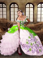 Sophisticated Off The Shoulder Sleeveless Taffeta 15th Birthday Dress Embroidery and Ruffled Layers Lace Up