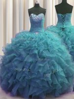 Classical Beaded Bust Teal Sweet 16 Dress Military Ball and Quinceanera with Beading and Ruffles Sweetheart Sleeveless Lace Up(SKU PSSW0489-7BIZ)