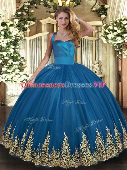 Exquisite Sleeveless Floor Length Appliques Lace Up Sweet 16 Dress with Blue - Click Image to Close