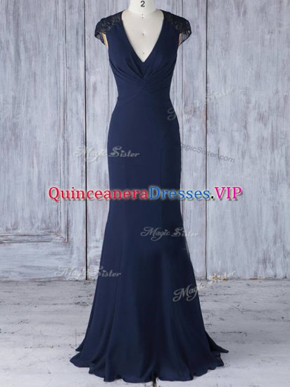 Best V-neck Cap Sleeves Side Zipper Court Dresses for Sweet 16 Navy Blue Chiffon - Click Image to Close