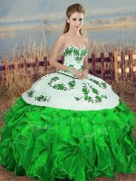 Top Selling Green Organza Lace Up Sweetheart Sleeveless Floor Length Quince Ball Gowns Embroidery and Ruffles and Bowknot