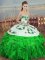Top Selling Green Organza Lace Up Sweetheart Sleeveless Floor Length Quince Ball Gowns Embroidery and Ruffles and Bowknot