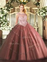 Brown Sleeveless Tulle Zipper Quinceanera Gowns for Military Ball and Sweet 16 and Quinceanera