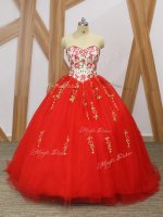 Red Sleeveless Tulle Sweep Train Lace Up Ball Gown Prom Dress for Military Ball and Sweet 16 and Quinceanera