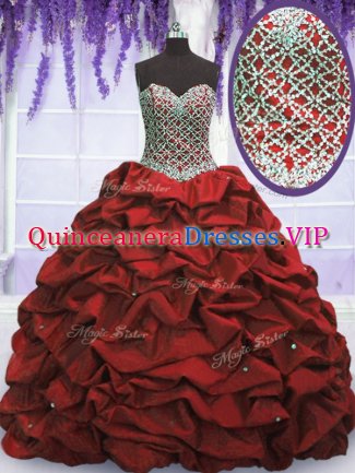 Clearance Sleeveless Taffeta Floor Length Lace Up Ball Gown Prom Dress in Wine Red with Beading and Sequins and Pick Ups
