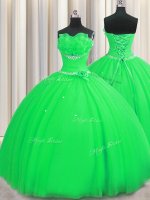 Handcrafted Flower Green Ball Gowns Beading and Sequins and Hand Made Flower Quince Ball Gowns Lace Up Tulle Sleeveless Floor Length