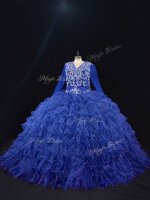 Royal Blue V-neck Lace Up Beading and Ruffled Layers 15 Quinceanera Dress Long Sleeves(SKU PSSW1096-2BIZ)