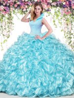 Aqua Blue Organza Backless 15th Birthday Dress Sleeveless Floor Length Beading and Ruffles(SKU SJQDDT828002-2BIZ)