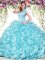 Aqua Blue Organza Backless 15th Birthday Dress Sleeveless Floor Length Beading and Ruffles