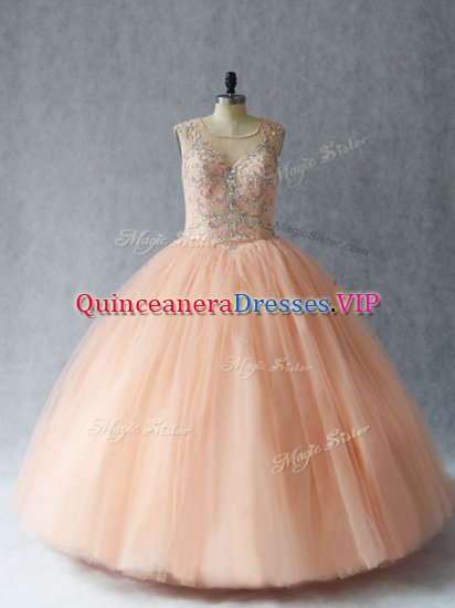 Low Price Floor Length Peach Sweet 16 Dress Tulle Sleeveless Beading - Click Image to Close