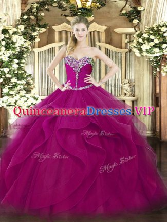 Floor Length Fuchsia Sweet 16 Dress Tulle Sleeveless Beading and Ruffles