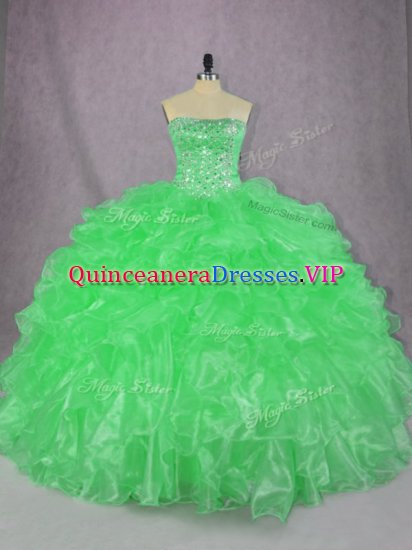 Green Ball Gowns Organza Strapless Sleeveless Beading and Ruffles Floor Length Lace Up Sweet 16 Quinceanera Dress - Click Image to Close
