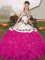 High Class Fuchsia Lace Up Off The Shoulder Embroidery and Ruffles Quinceanera Gown Organza Sleeveless