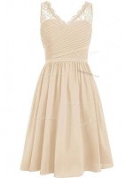 Champagne Dama Dress for Quinceanera Prom and Party and Wedding Party with Lace and Ruching V-neck Sleeveless Side Zipper