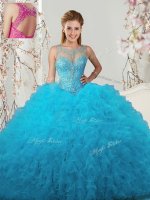 Chic Scoop Floor Length Baby Blue Quince Ball Gowns Tulle Sleeveless Beading and Ruffles