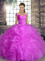 Romantic Lilac Organza Lace Up Off The Shoulder Sleeveless Floor Length Quinceanera Dresses Beading and Ruffles