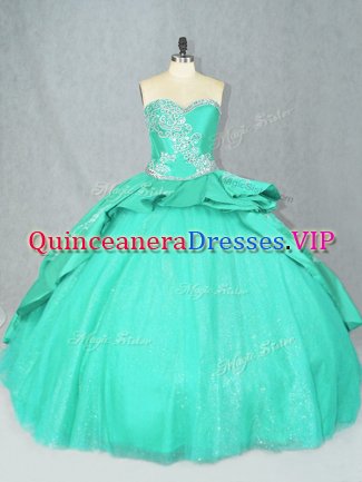 Sweetheart Sleeveless Ball Gown Prom Dress Court Train Embroidery Turquoise Satin