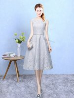 Pretty Lace Scoop Sleeveless Zipper Lace Dama Dress for Quinceanera in Grey