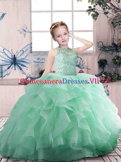 Beading and Ruffles Little Girls Pageant Dress Apple Green Zipper Sleeveless Floor Length - Click Image to Close