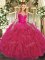 Trendy Hot Pink Long Sleeves Floor Length Lace and Ruffles Lace Up 15th Birthday Dress