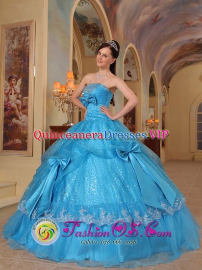 Pottsboro TX Glistening Sequin and Organza With Bows Formal Baby Blue Strapless Quinceanera Dress Ball Gown - Click Image to Close