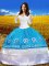 Fashion Off the Shoulder Floor Length Blue And White Quinceanera Gowns Taffeta 3 4 Length Sleeve Lace and Embroidery