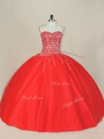 Amazing Red Tulle Lace Up Quinceanera Dress Sleeveless Floor Length Beading
