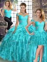 Hot Sale Three Pieces Sleeveless Aqua Blue Quinceanera Gowns Brush Train Lace Up