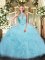 Superior Sleeveless Organza Floor Length Lace Up Quinceanera Dresses in Aqua Blue with Beading and Ruffles