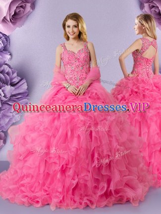 Hot Pink Lace Up Straps Lace Sweet 16 Dresses Organza Sleeveless