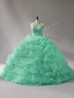 New Style Sleeveless Beading and Pick Ups Lace Up Ball Gown Prom Dress with Apple Green Court Train