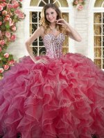 Coral Red Sweetheart Neckline Beading and Ruffles 15 Quinceanera Dress Sleeveless Lace Up